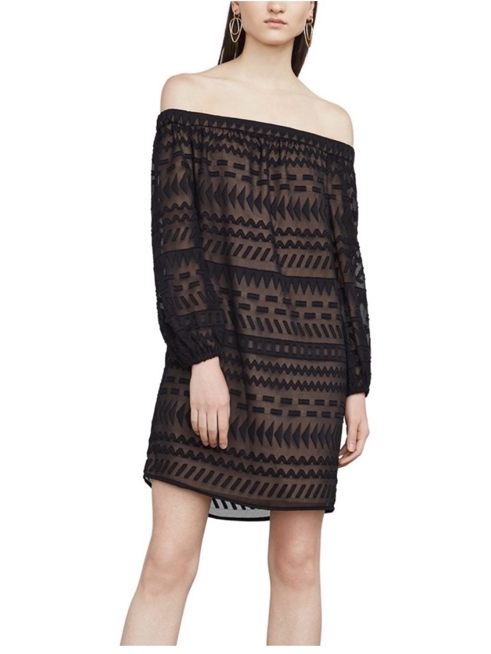 BCBGMAXAZRIA Anrita Black Burnout Off Shoulder Shift Dress Large